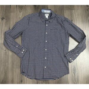 LL Bean Men M Button Down Shirt Coolmax Blue Plaid Long Sleeve Slightly Fitted